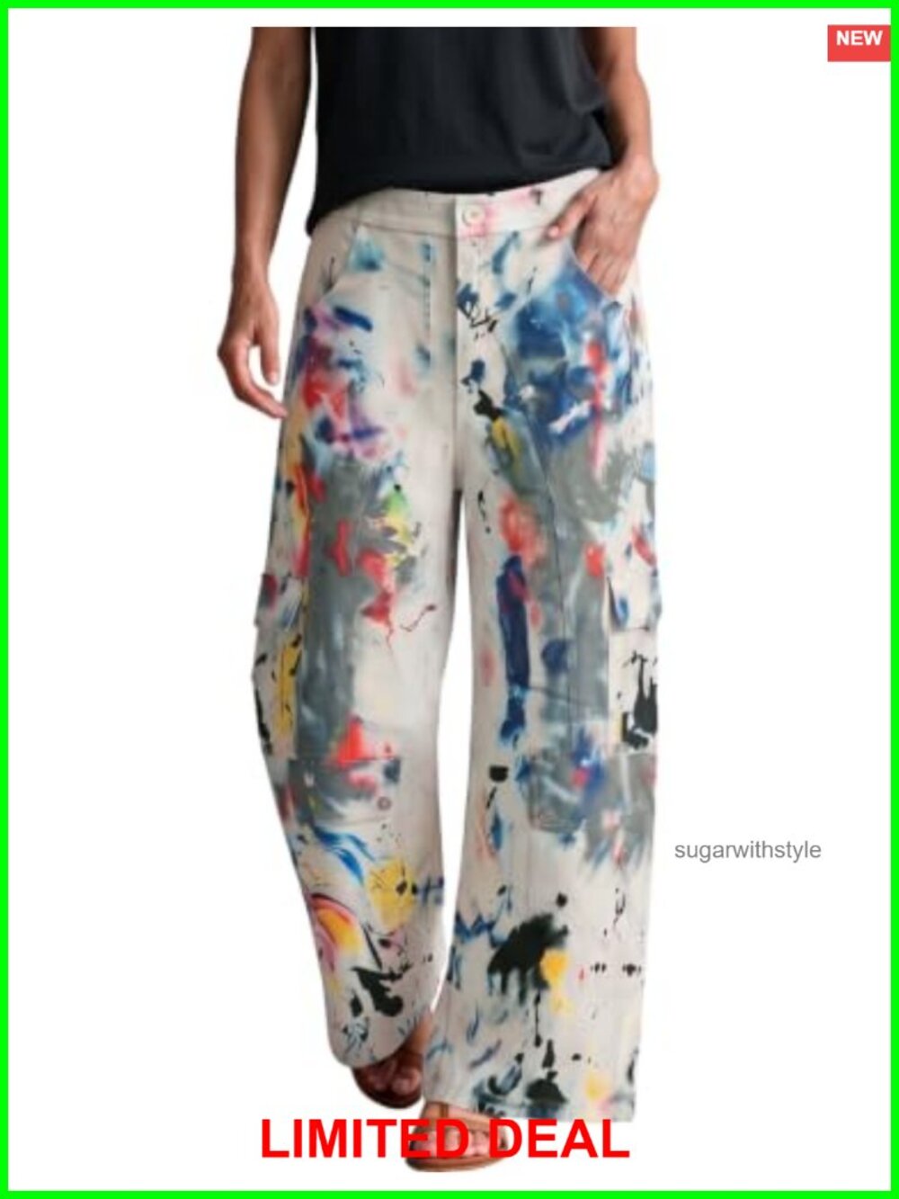 Women's Abstract Print Wide Leg Cargo Pants High Waisted Trouser